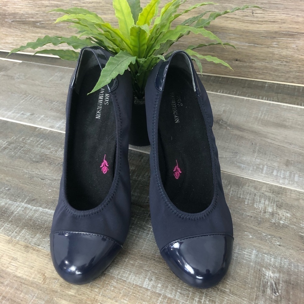 Ros Hommerson Elizabeth Blue Patent Toes Stretch Fabric Wedge Slide Shoe Size 7